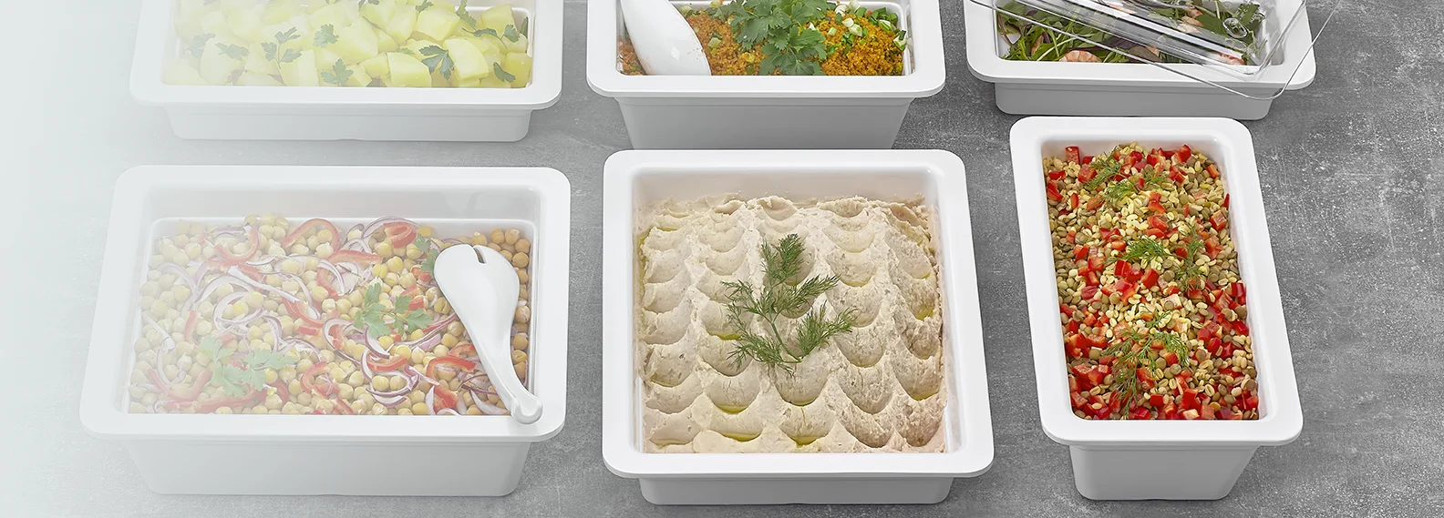 Beyaz kırılmaz melamin GN küvetler içinde salata ve meze sunumları - büfe ekipmanları.