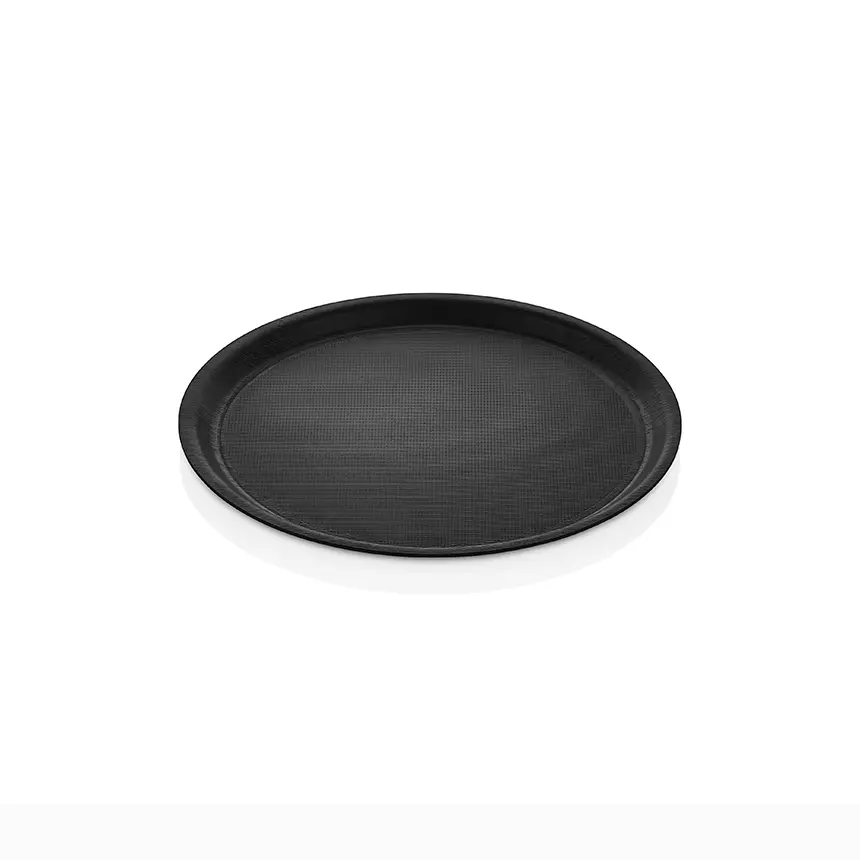 Arcoform 33.KS siyah lamineli kaydırmaz orta boy yuvarlak servis tepsisi (33 cm çap).