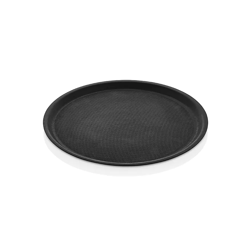 Arcoform 38.KS siyah lamineli kaydırmaz orta-büyük boy yuvarlak servis tepsisi (38 cm çap).