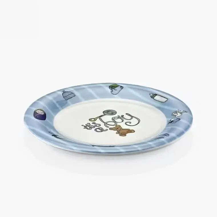 "Kulsan 2121BM.PW Blue Baby desenli porselen beyazı melamin tabak, 21 cm, kırılmaz, gıda uyumlu mavi çocuk tabağı."
