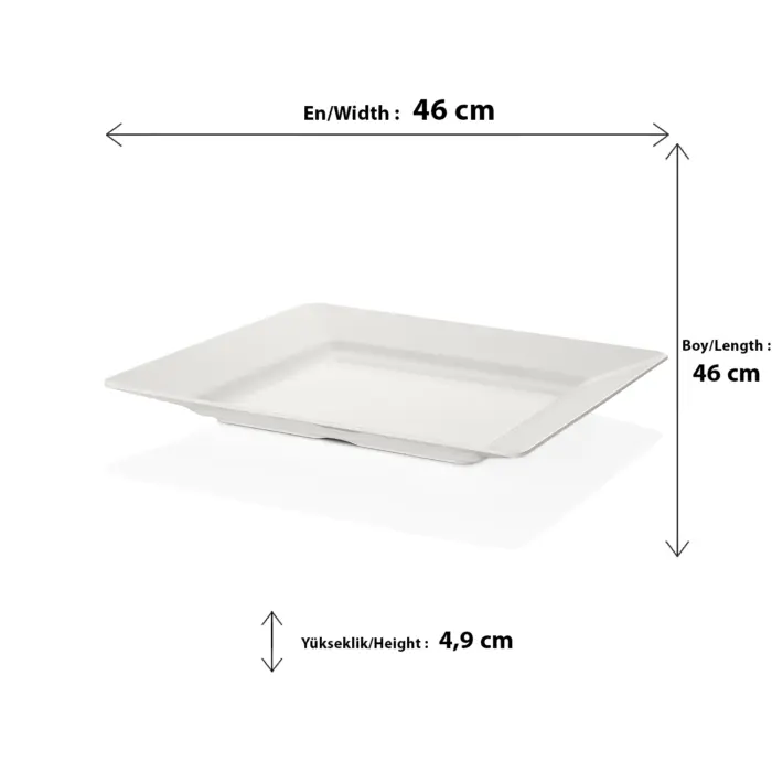 46x46 cm ölçülerinde, 4,9 cm sığ derinliğe sahip krem beyaz renkli büyük kare HappyChef açık büfe sunum tepsisi ve meze teşhir küveti.
