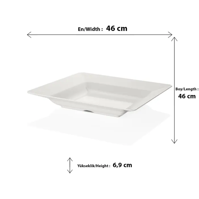 46x46 cm ölçülerinde, 6,9 cm derinliğe sahip krem beyaz renkli büyük kare HappyChef açık büfe sunum kasesi ve meze teşhir küveti.