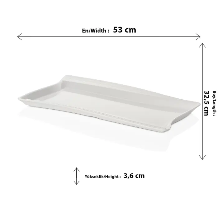 53x32,5 cm ölçülerinde, 3,6 cm sığ yüksekliğe sahip krem beyaz renkli tam boy modern kavisli HappyChef açık büfe teşhir tepsisi ve sunum tabağı.