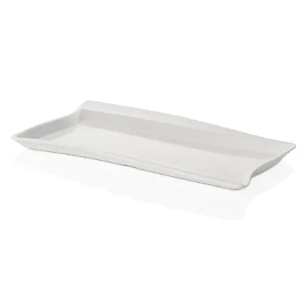 53x32,5 cm ölçülerinde, 3,6 cm sığ yüksekliğe sahip krem beyaz renkli tam boy modern kavisli HappyChef açık büfe teşhir tepsisi ve sunum tabağı.