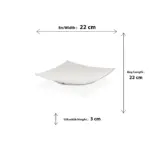 22x22 cm ölçülerinde, 3 cm yüksekliğe sahip, güneş ışını dokulu mat krem beyaz renkli kavisli kare HappyChef açık büfe sunum ve meze teşhir tabağı.