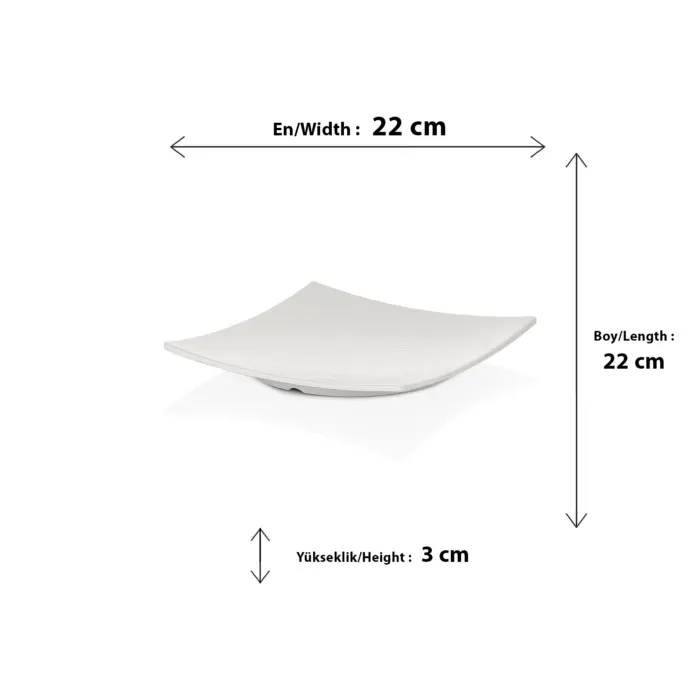 22x22 cm ölçülerinde, 3 cm yüksekliğe sahip, güneş ışını dokulu mat krem beyaz renkli kavisli kare HappyChef açık büfe sunum ve meze teşhir tabağı.