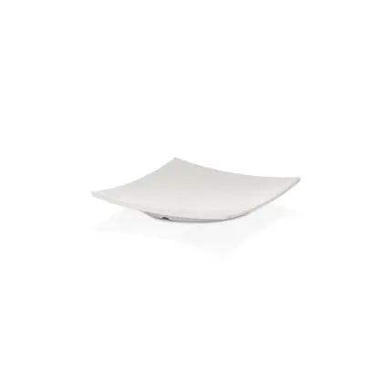 22x22 cm ölçülerinde, 3 cm yüksekliğe sahip, güneş ışını dokulu mat krem beyaz renkli kavisli kare HappyChef açık büfe sunum ve meze teşhir tabağı.