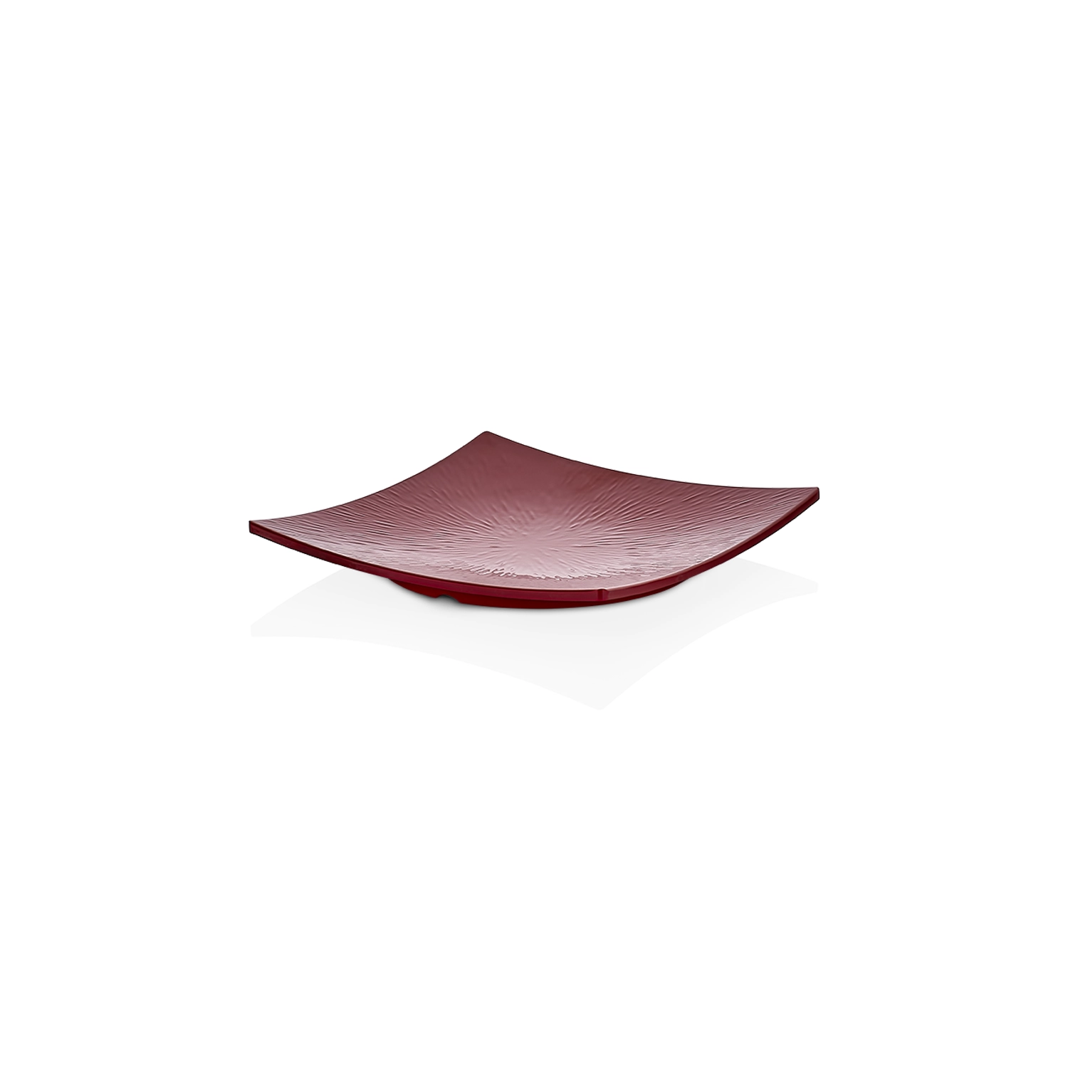 HappyChef Kırmızı Dokulu Kavisli Kare Sunum Tabağı - 22x22 cm 22x22 cm ölçülerinde, 3 cm yüksekliğe sahip, güneş ışını dokulu mat kırmızı renkli kavisli kare HappyChef açık büfe sunum ve meze teşhir tabağı.