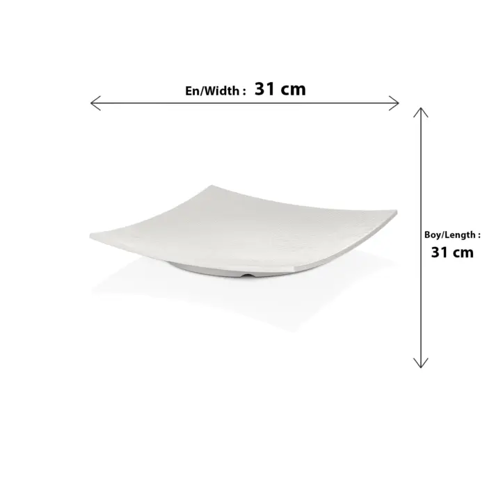 31x31 cm ölçülerinde, güneş ışını dokulu mat krem beyaz renkli kavisli kare HappyChef açık büfe sunum ve meze teşhir tabağı.