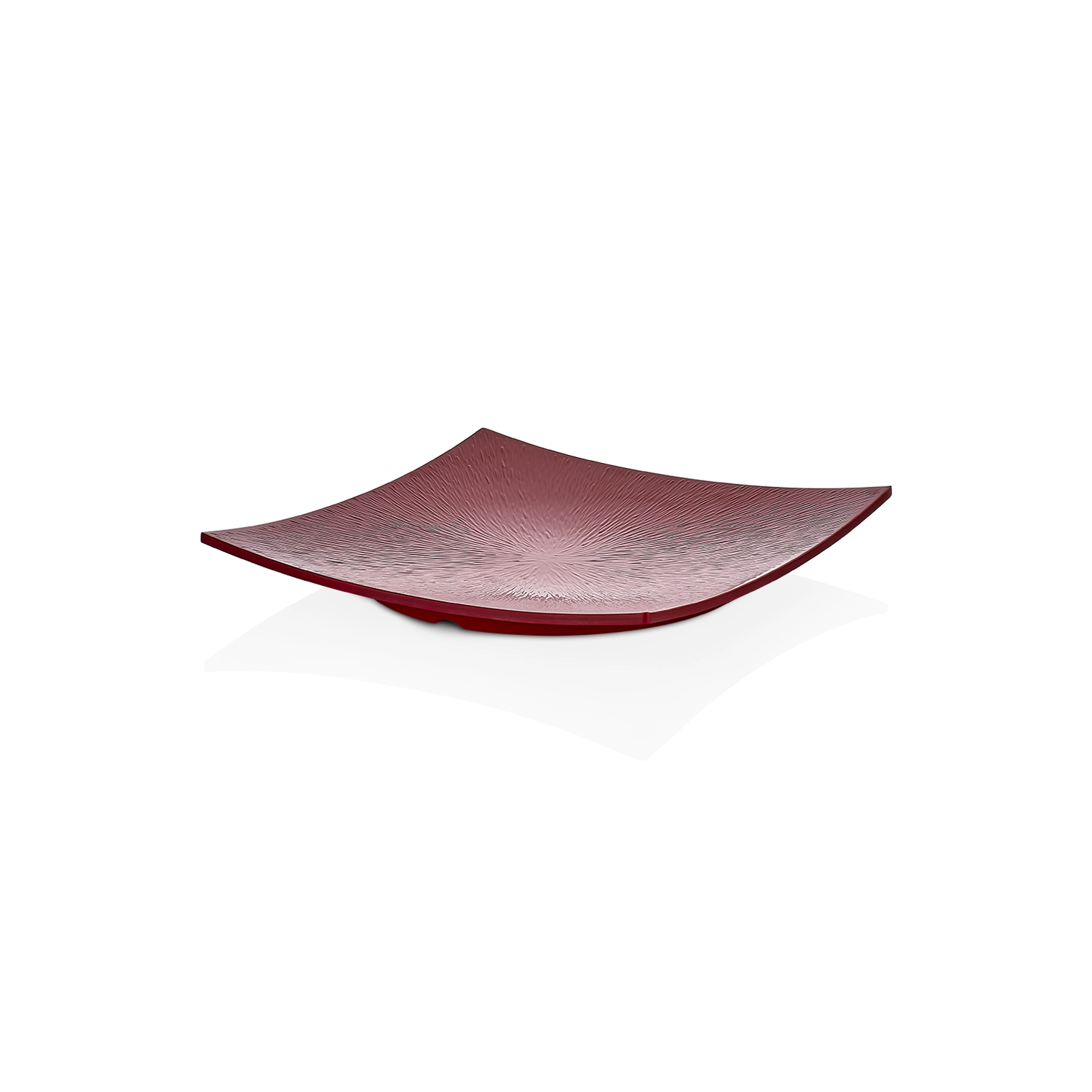 HappyChef Kırmızı Dokulu Kavisli Kare Sunum Tabağı - 31x31 cm 31x31 cm ölçülerinde, güneş ışını dokulu mat kırmızı renkli kavisli kare HappyChef açık büfe sunum ve meze teşhir tabağı.