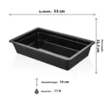 53x32,5 cm ölçülerinde, 10 cm derinliğe ve 11 litre yüksek hacme sahip, siyah renkli tam boy HappyChef derin gastronorm küvet ve servis kabı.