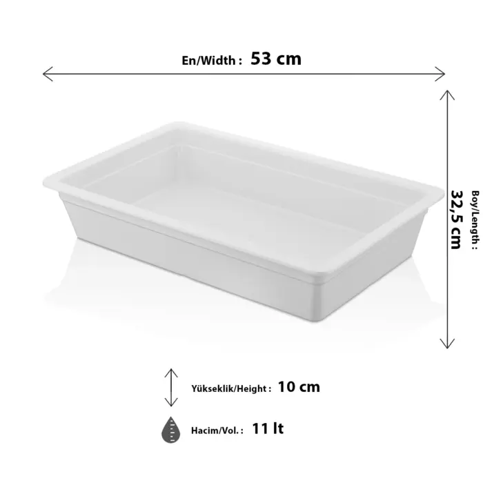 53x32,5 cm ölçülerinde, 10 cm derinliğe ve 11 litre yüksek hacme sahip, krem beyaz renkli tam boy HappyChef derin gastronorm küvet ve servis kabı.