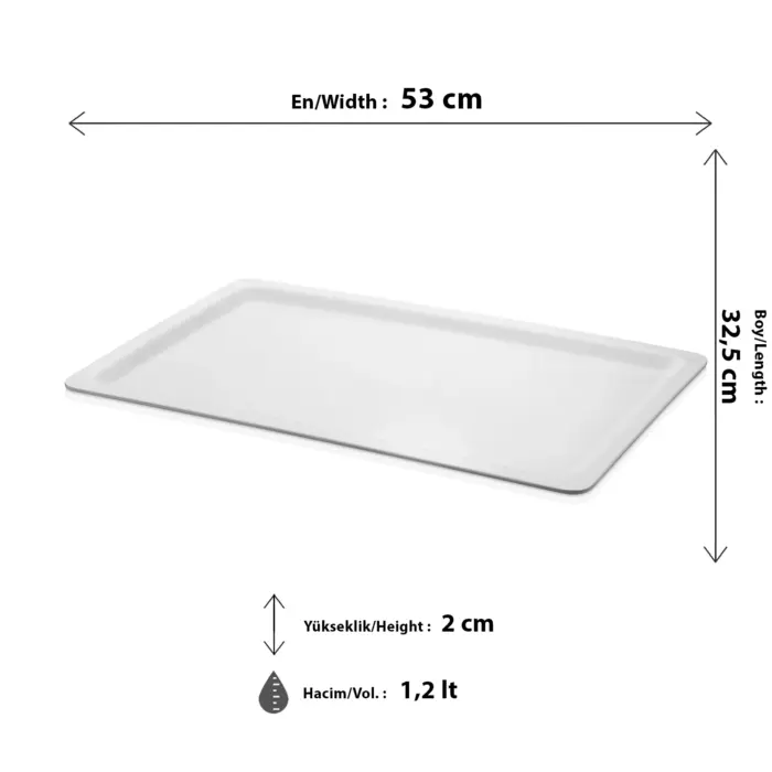 53x32,5 cm ölçülerinde, 2 cm sığ derinliğe ve 1,2 litre hacme sahip, krem beyaz renkli tam boy HappyChef gastronorm teşhir tepsisi ve sunum küveti.