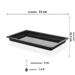 53x32,5 cm ölçülerinde, 4 cm derinliğe ve 1,4 litre hacme sahip, siyah renkli tam boy HappyChef gastronorm küvet ve teşhir tepsisi.