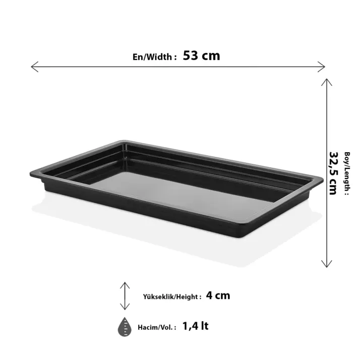53x32,5 cm ölçülerinde, 4 cm derinliğe ve 1,4 litre hacme sahip, siyah renkli tam boy HappyChef gastronorm küvet ve teşhir tepsisi.