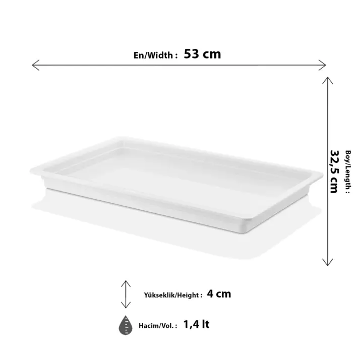 53x32,5 cm ölçülerinde, 4 cm derinliğe ve 1,4 litre hacme sahip, krem beyaz renkli tam boy HappyChef gastronorm küvet ve teşhir tepsisi.
