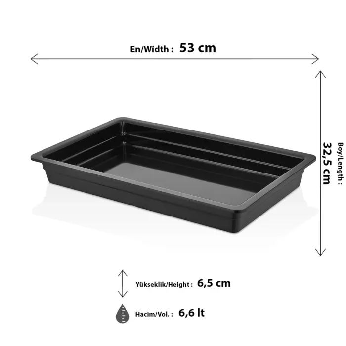 53x32,5 cm ölçülerinde, 6,5 cm orta derinliğe ve 6,6 litre geniş kapasiteye sahip, siyah renkli tam boy HappyChef gastronorm küvet ve açık büfe sunum tepsisi.