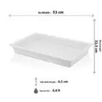 53x32,5 cm ölçülerinde, 6,5 cm orta derinliğe ve 6,6 litre geniş kapasiteye sahip, krem beyaz renkli tam boy HappyChef gastronorm küvet ve açık büfe sunum tepsisi.
