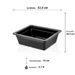 32,5x26,5 cm ölçülerinde, 10 cm derinliğe ve 5,1 litre yüksek hacme sahip siyah renkli dikdörtgen geniş HappyChef derin gastronorm küvet.