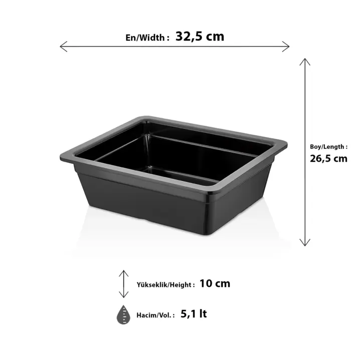 32,5x26,5 cm ölçülerinde, 10 cm derinliğe ve 5,1 litre yüksek hacme sahip siyah renkli dikdörtgen geniş HappyChef derin gastronorm küvet.