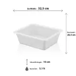 32,5x26,5 cm ölçülerinde, 10 cm derinliğe ve 5,1 litre yüksek hacme sahip, krem beyaz renkli dikdörtgen geniş HappyChef derin gastronorm küvet.