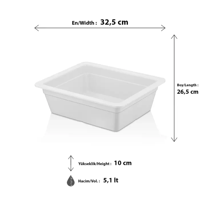 32,5x26,5 cm ölçülerinde, 10 cm derinliğe ve 5,1 litre yüksek hacme sahip, krem beyaz renkli dikdörtgen geniş HappyChef derin gastronorm küvet.