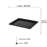 32,5x26,5 cm ölçülerinde, 2 cm sığ derinliğe ve 0,8 litre hacme sahip siyah renkli dikdörtgen geniş HappyChef gastronorm teşhir tepsisi ve küvet.
