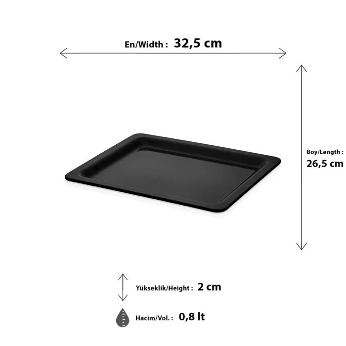 32,5x26,5 cm ölçülerinde, 2 cm sığ derinliğe ve 0,8 litre hacme sahip siyah renkli dikdörtgen geniş HappyChef gastronorm teşhir tepsisi ve küvet.