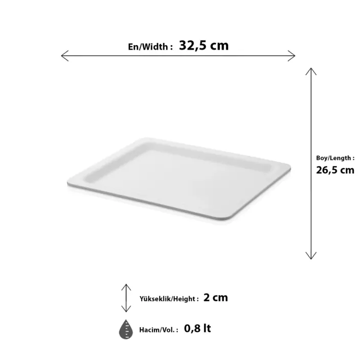 32,5x26,5 cm ölçülerinde, 2 cm sığ derinliğe ve 0,8 litre hacme sahip krem beyaz renkli dikdörtgen geniş HappyChef gastronorm teşhir tepsisi ve küvet.
