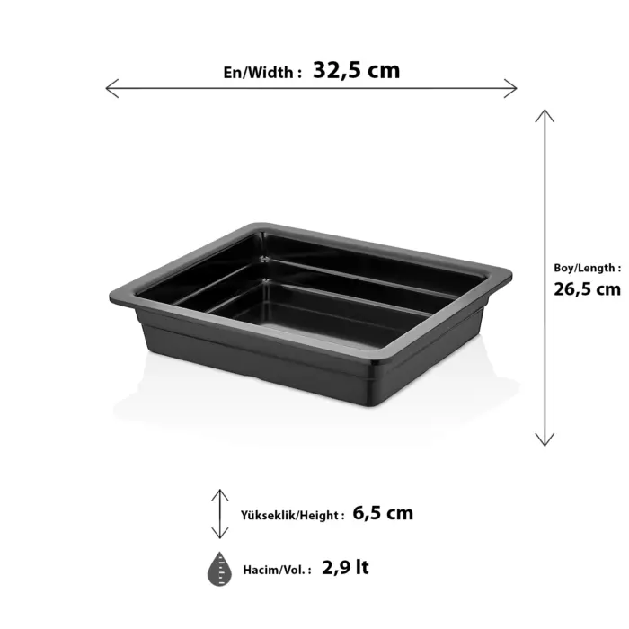 32,5x26,5 cm ölçülerinde, 6,5 cm orta derinliğe ve 2,9 litre hacme sahip siyah renkli dikdörtgen geniş HappyChef gastronorm küvet ve teşhir kabı.