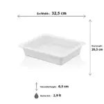 32,5x26,5 cm ölçülerinde, 6,5 cm orta derinliğe ve 2,9 litre hacme sahip, krem beyaz renkli dikdörtgen geniş HappyChef gastronorm küvet ve teşhir kabı.