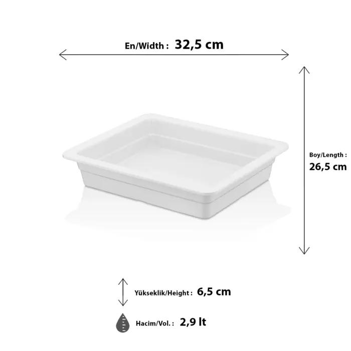 32,5x26,5 cm ölçülerinde, 6,5 cm orta derinliğe ve 2,9 litre hacme sahip, krem beyaz renkli dikdörtgen geniş HappyChef gastronorm küvet ve teşhir kabı.