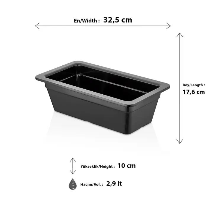 32,5x17,6 cm ölçülerinde, 10 cm derinliğe ve 2,9 litre hacme sahip siyah renkli dikdörtgen HappyChef derin gastronorm küvet ve teşhir kabı.
