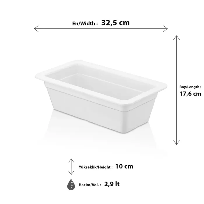32,5x17,6 cm ölçülerinde, 10 cm derinliğe ve 2,9 litre hacme sahip, krem beyaz renkli dikdörtgen HappyChef derin gastronorm küvet ve teşhir kabı.