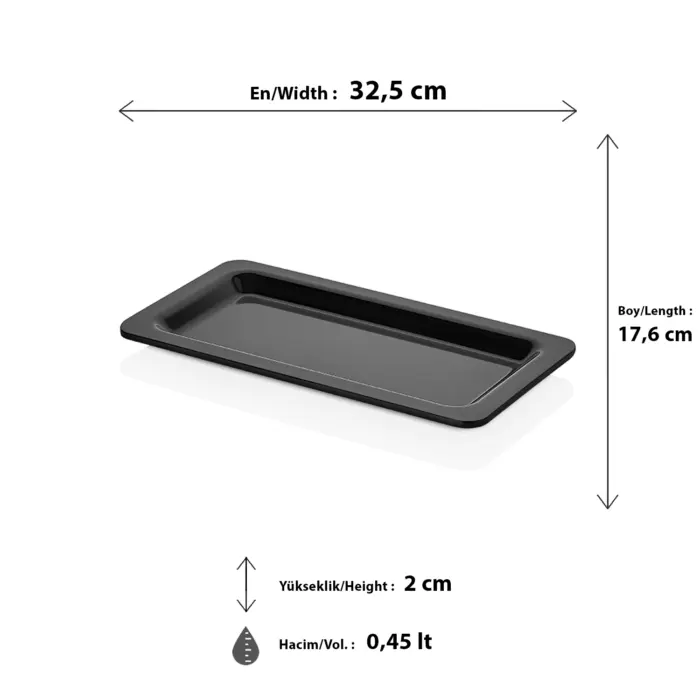 32,5x17,6 cm ölçülerinde, 2 cm sığ derinliğe ve 0,45 litre hacme sahip siyah renkli dikdörtgen HappyChef gastronorm teşhir tepsisi ve küvet.
