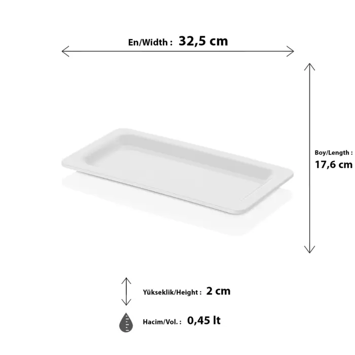 32,5x17,6 cm ölçülerinde, 2 cm sığ derinliğe ve 0,45 litre hacme sahip krem beyaz renkli dikdörtgen HappyChef gastronorm teşhir tepsisi ve küvet.