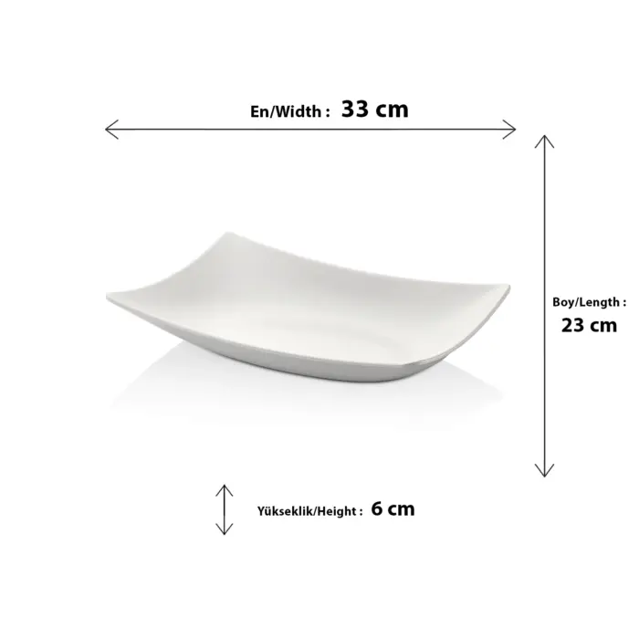 33x23 cm ölçülerinde, 6 cm yüksekliğe sahip krem beyaz renkli modern kavisli dikdörtgen HappyChef açık büfe sunum kasesi ve meze teşhir tabağı.