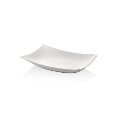 33x23 cm ölçülerinde, 6 cm yüksekliğe sahip krem beyaz renkli modern kavisli dikdörtgen HappyChef açık büfe sunum kasesi ve meze teşhir tabağı.