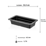 32,5x17,6 cm ölçülerinde, 6,5 cm derinliğe ve 1,7 litre hacme sahip siyah renkli dikdörtgen HappyChef gastronorm küvet ve teşhir kabı.