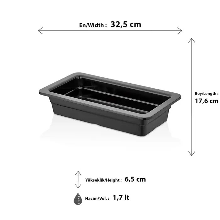 32,5x17,6 cm ölçülerinde, 6,5 cm derinliğe ve 1,7 litre hacme sahip siyah renkli dikdörtgen HappyChef gastronorm küvet ve teşhir kabı.