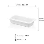 32,5x17,6 cm ölçülerinde, 6,5 cm derinliğe ve 1,7 litre hacme sahip, krem beyaz renkli dikdörtgen HappyChef gastronorm küvet ve teşhir kabı.