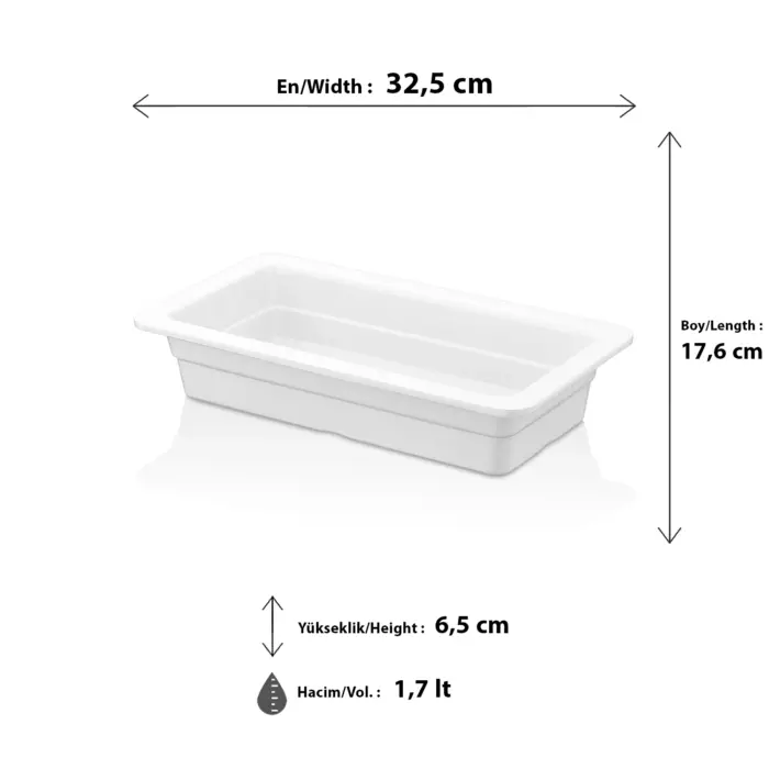 32,5x17,6 cm ölçülerinde, 6,5 cm derinliğe ve 1,7 litre hacme sahip, krem beyaz renkli dikdörtgen HappyChef gastronorm küvet ve teşhir kabı.