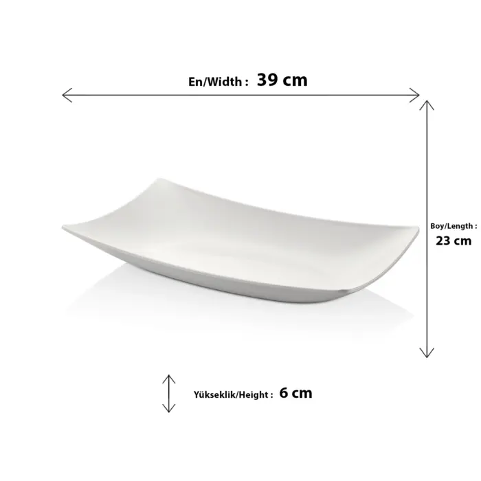 39x23 cm ölçülerinde, 6 cm yüksekliğe sahip krem beyaz renkli modern kavisli dikdörtgen HappyChef açık büfe sunum kasesi ve meze teşhir tabağı.