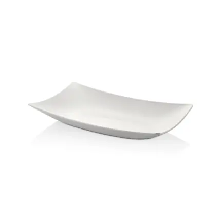 39x23 cm ölçülerinde, 6 cm yüksekliğe sahip krem beyaz renkli modern kavisli dikdörtgen HappyChef açık büfe sunum kasesi ve meze teşhir tabağı.