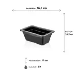 26,5x16,2 cm ölçülerinde, 10 cm derinliğe ve 2 litre hacme sahip, siyah renkli dikdörtgen HappyChef gastronorm küvet ve teşhir kabı.