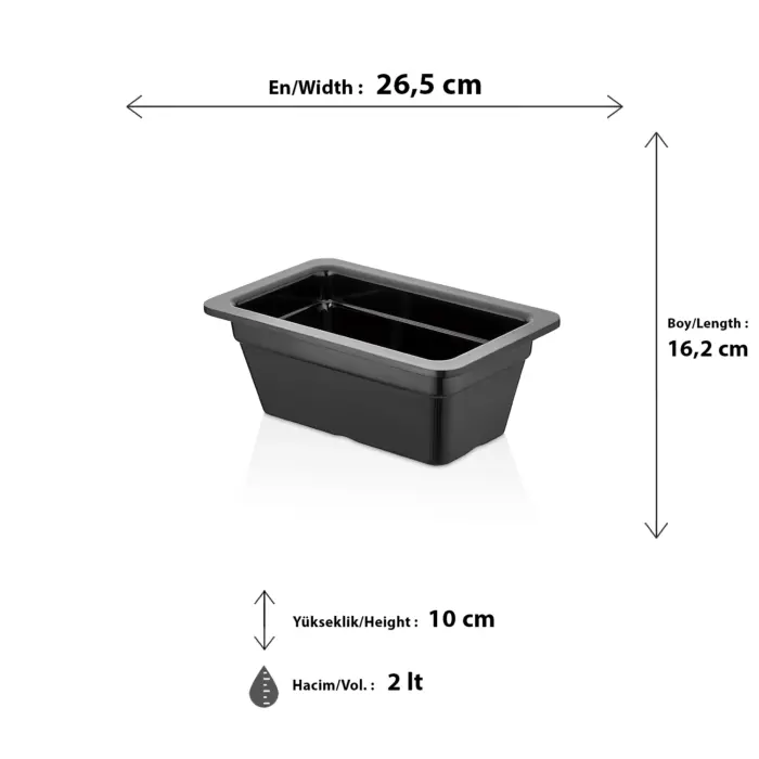 26,5x16,2 cm ölçülerinde, 10 cm derinliğe ve 2 litre hacme sahip, siyah renkli dikdörtgen HappyChef gastronorm küvet ve teşhir kabı.