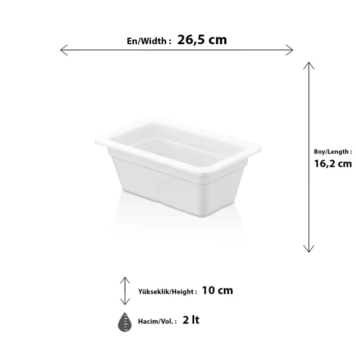 26,5x16,2 cm ölçülerinde, 10 cm derinliğe ve 2 litre hacme sahip, krem beyaz renkli dikdörtgen HappyChef gastronorm küvet ve teşhir kabı.