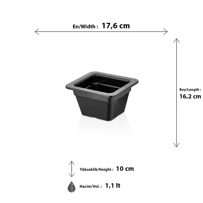 17,6x16,2 cm ölçülerinde, 10 cm derinliğe ve 1,1 litre hacme sahip siyah renkli küçük boy HappyChef gastronorm küvet.