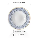 26 cm çapında, 5,2 cm yüksekliğe ve 400 ml hacme sahip antik beyaz çatlatma zeminli mavi Helenistik çini desenli derin yuvarlak HappyChef açık büfe çorba ve makarna sunum tabağı.