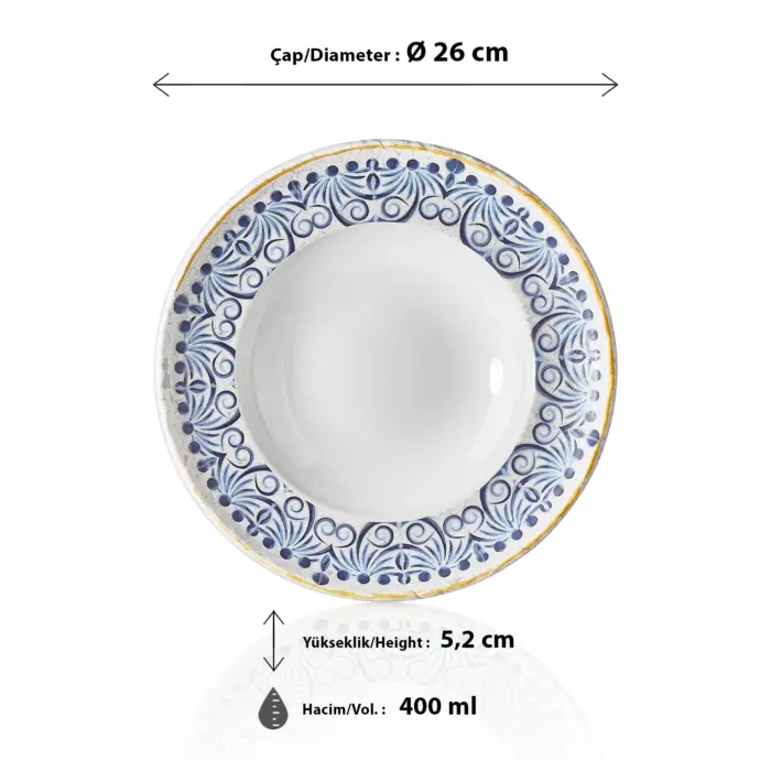 26 cm çapında, 5,2 cm yüksekliğe ve 400 ml hacme sahip antik beyaz çatlatma zeminli mavi Helenistik çini desenli derin yuvarlak HappyChef açık büfe çorba ve makarna sunum tabağı.